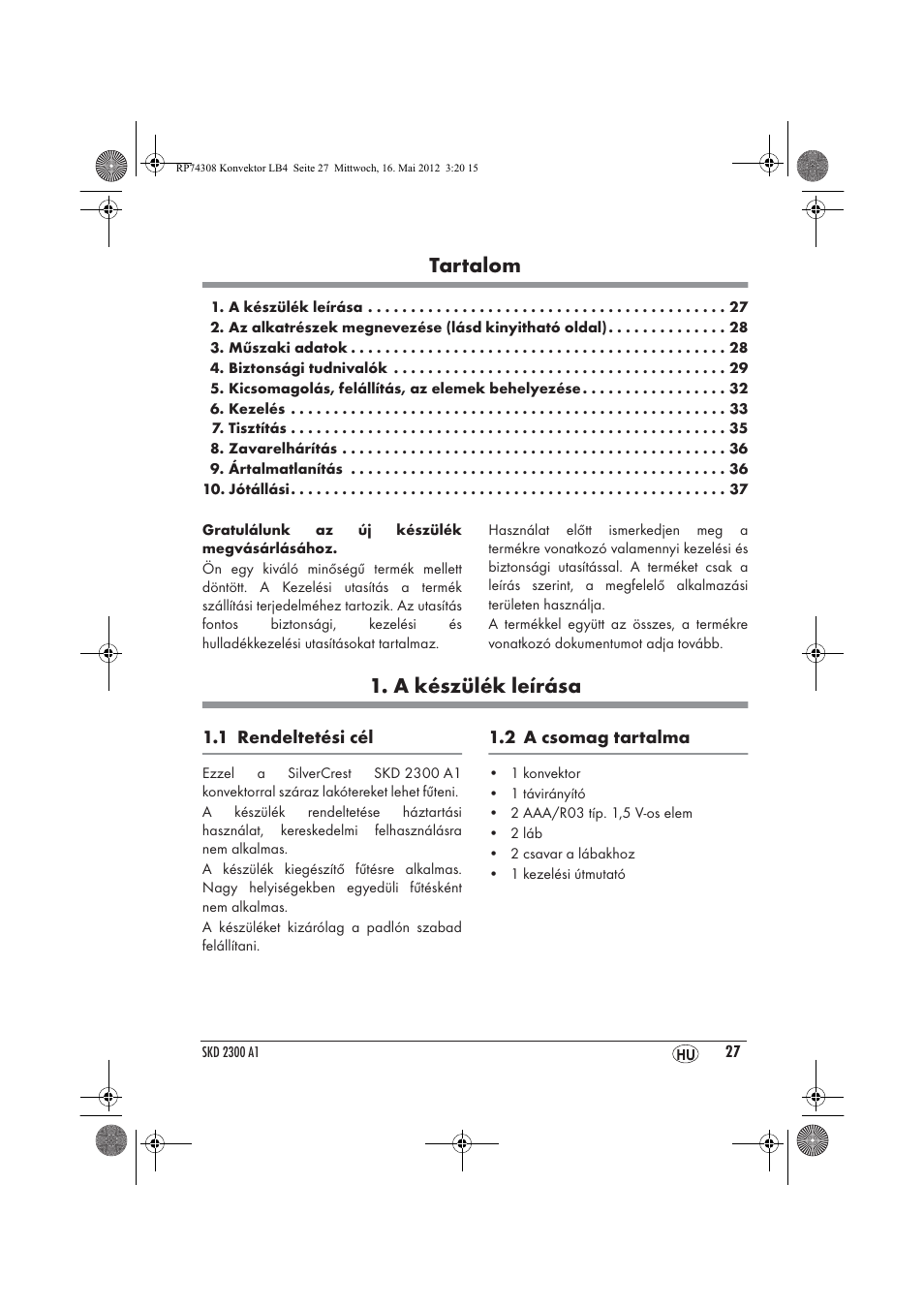 Tartalom, A készülék leírása | Silvercrest SKD 2300 A1 User Manual | Page 29 / 90