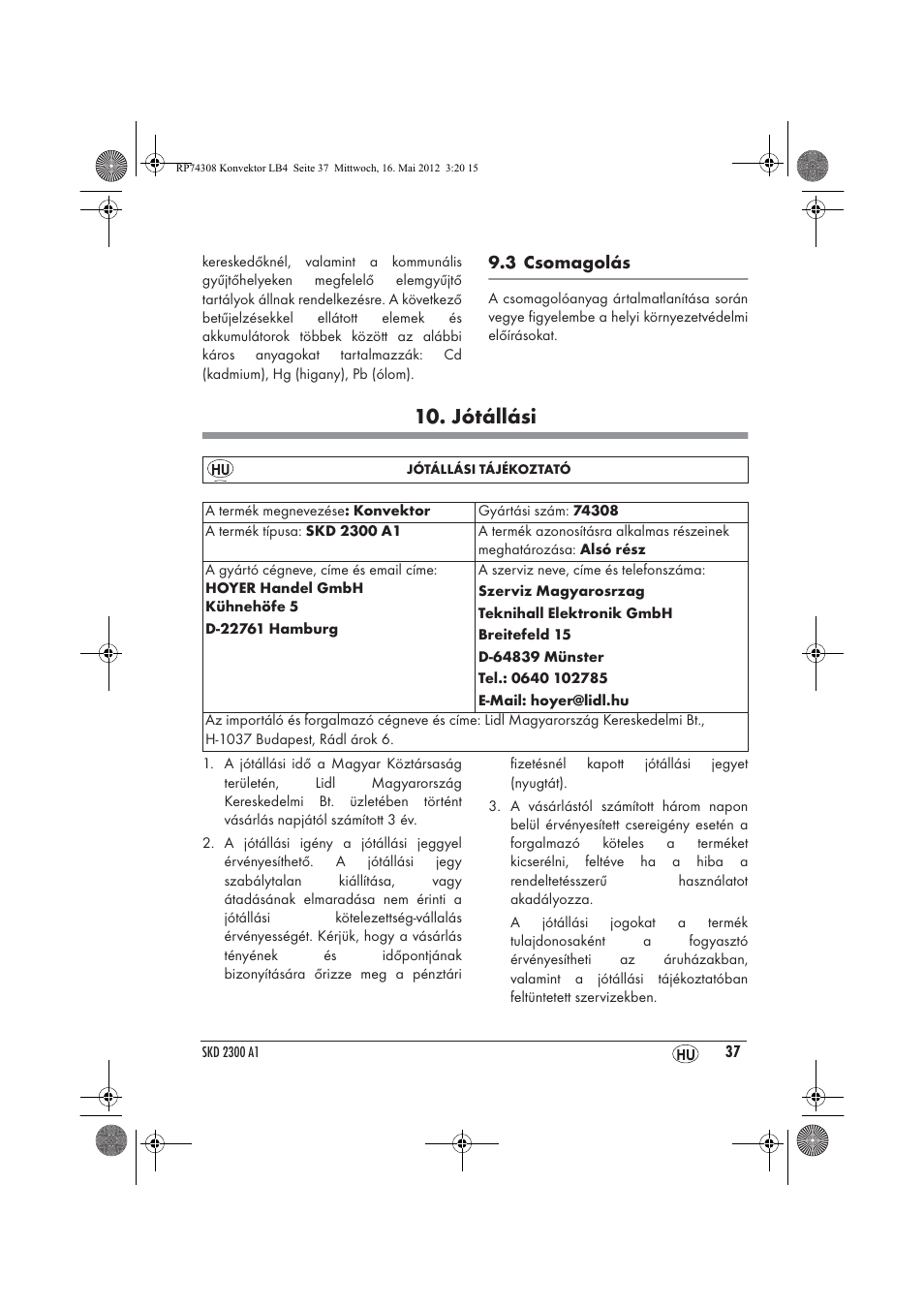 Jótállási | Silvercrest SKD 2300 A1 User Manual | Page 39 / 90