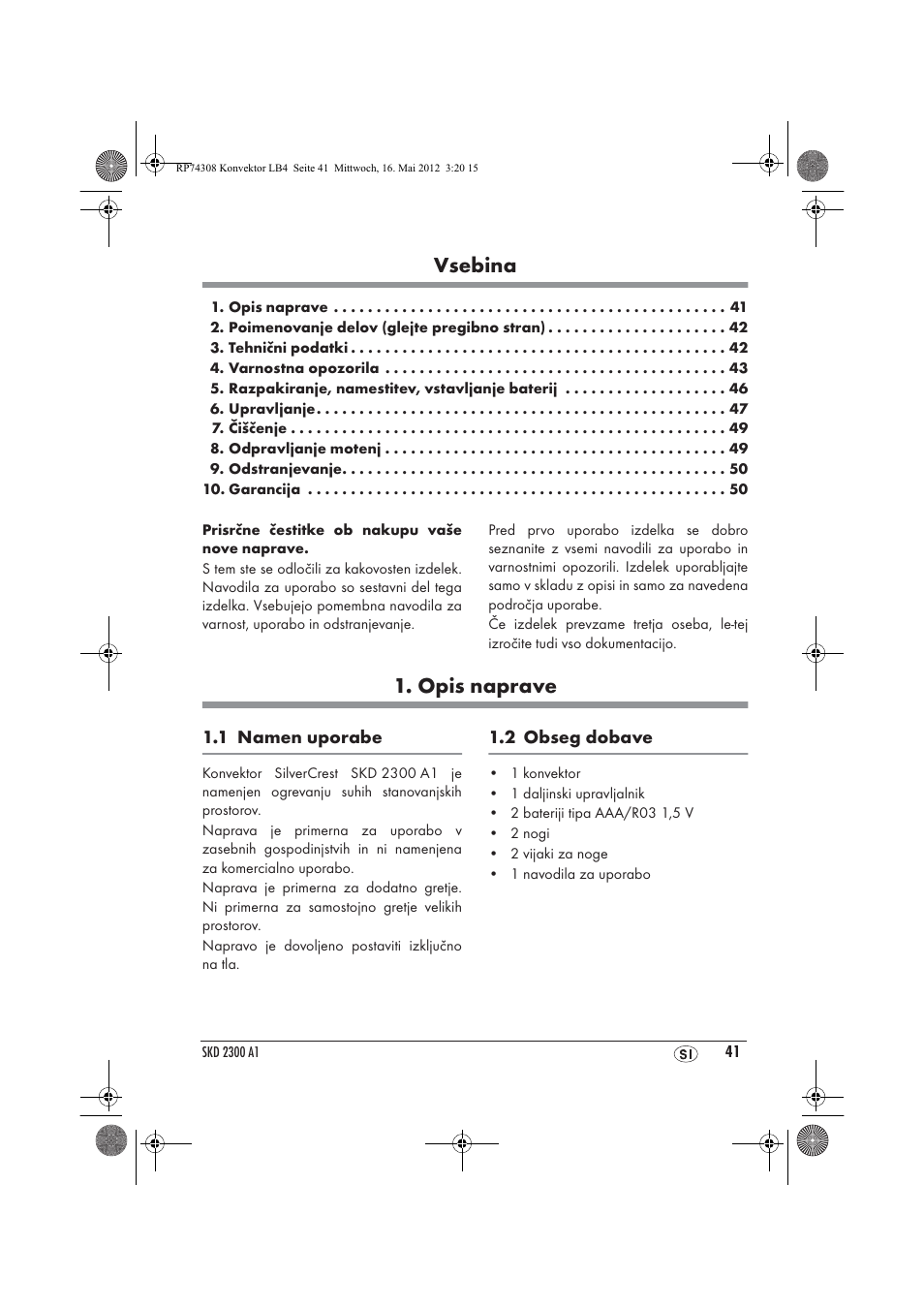 Vsebina, Opis naprave | Silvercrest SKD 2300 A1 User Manual | Page 43 / 90