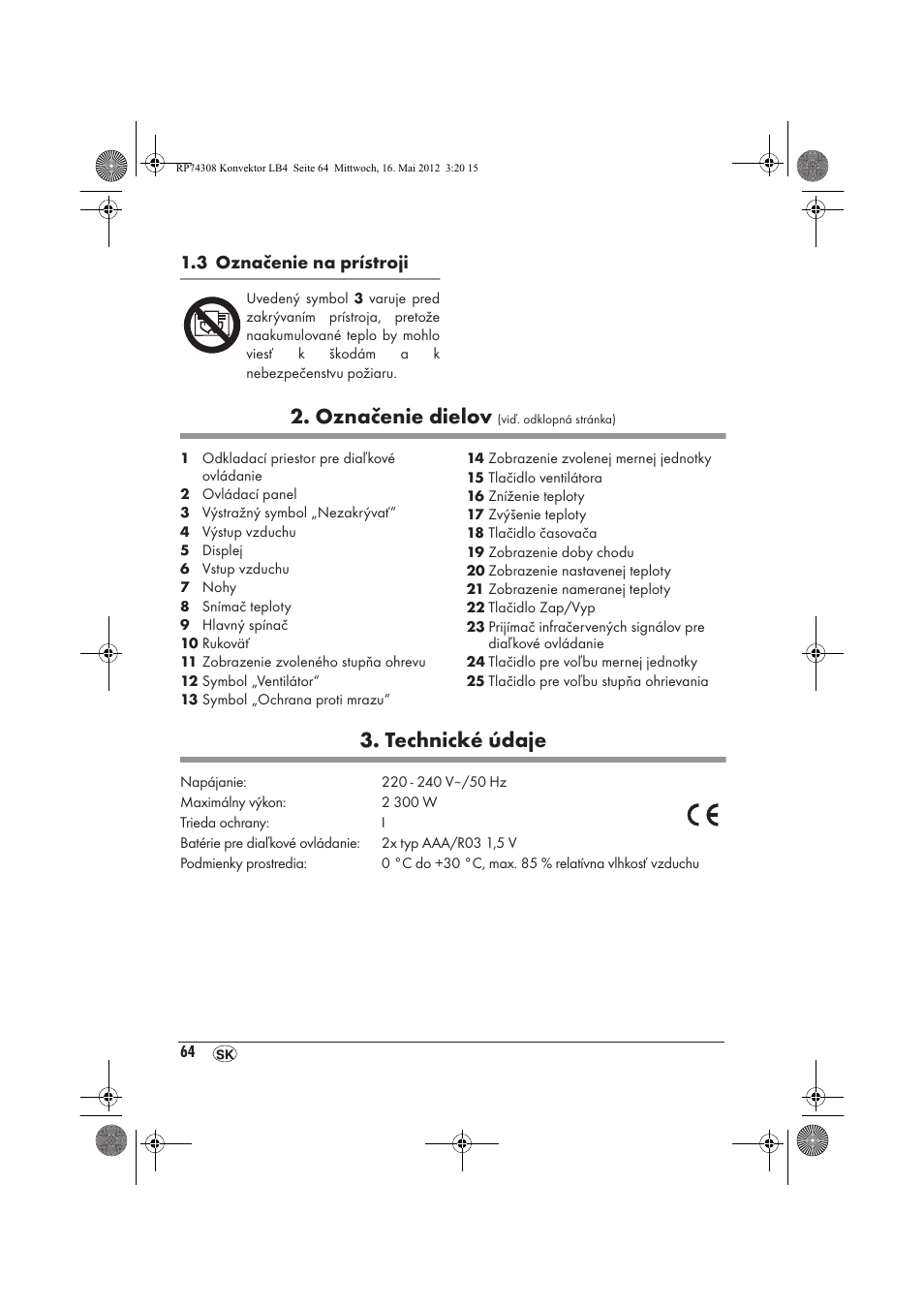 Označenie dielov, Technické údaje | Silvercrest SKD 2300 A1 User Manual | Page 66 / 90