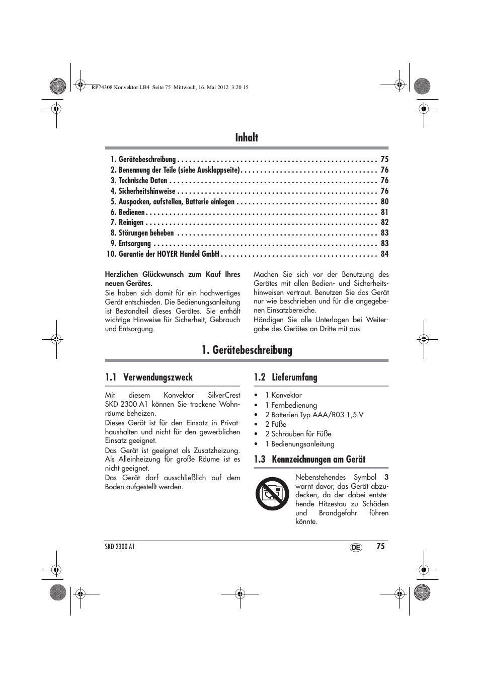 Inhalt, Gerätebeschreibung | Silvercrest SKD 2300 A1 User Manual | Page 77 / 90