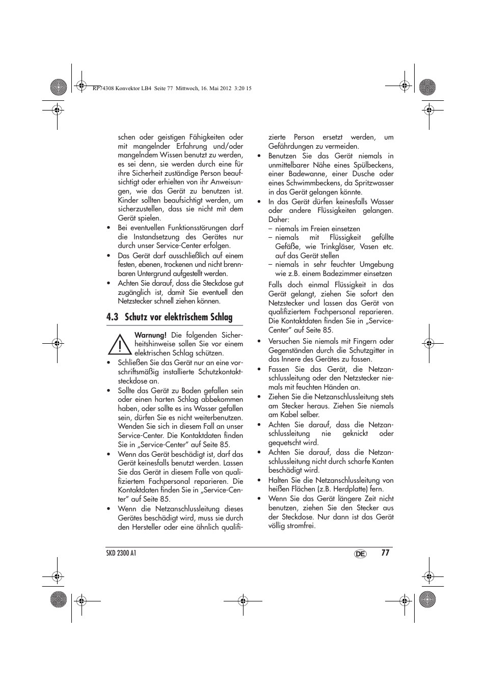 3 schutz vor elektrischem schlag | Silvercrest SKD 2300 A1 User Manual | Page 79 / 90