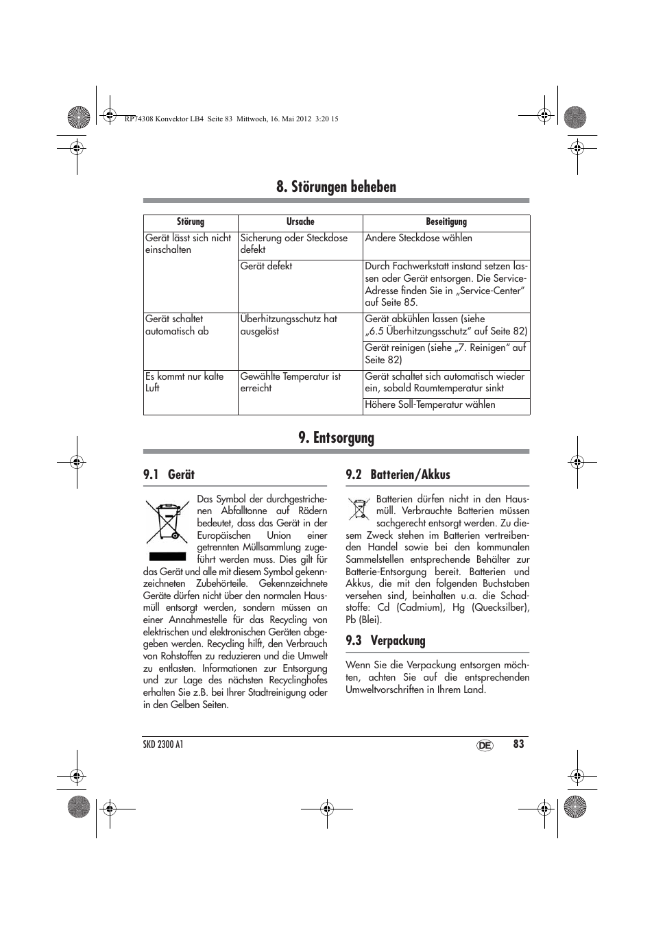 Störungen beheben 9. entsorgung, 1 gerät, 2 batterien/akkus | 3 verpackung | Silvercrest SKD 2300 A1 User Manual | Page 85 / 90
