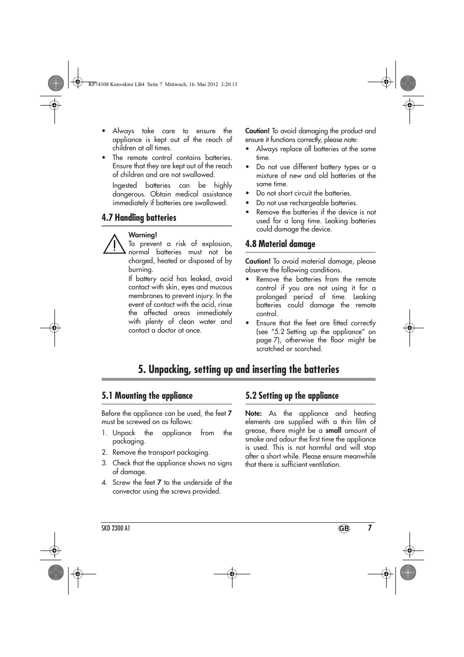 Unpacking, setting up and inserting the batteries, 7 handling batteries, 8 material damage | 1 mounting the appliance, 2 setting up the appliance | Silvercrest SKD 2300 A1 User Manual | Page 9 / 90