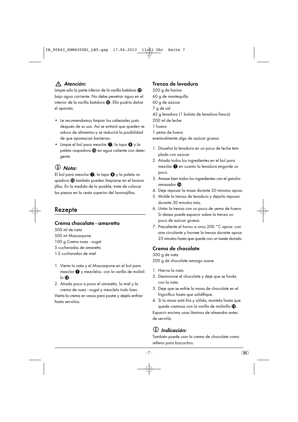 Rezepte, Atención, Nota | Crema chocolate - amaretto, Trenza de levadura, Crema de chocolate, Indicación | Silvercrest SHMS 300 B1 User Manual | Page 10 / 53