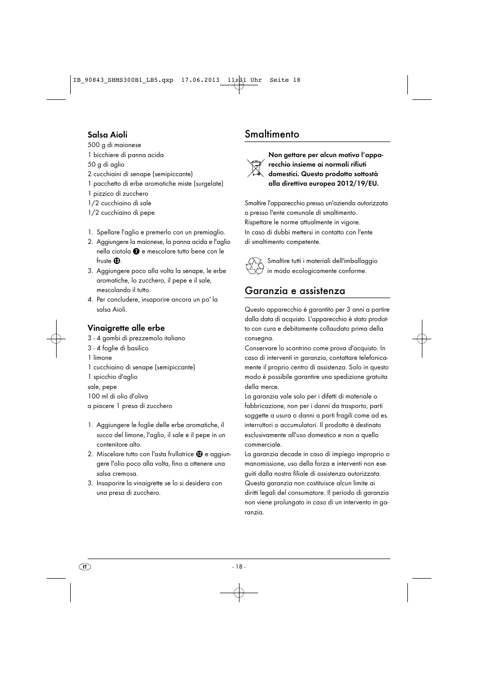 Smaltimento, Garanzia e assistenza, Salsa aioli | Vinaigrette alle erbe | Silvercrest SHMS 300 B1 User Manual | Page 21 / 53