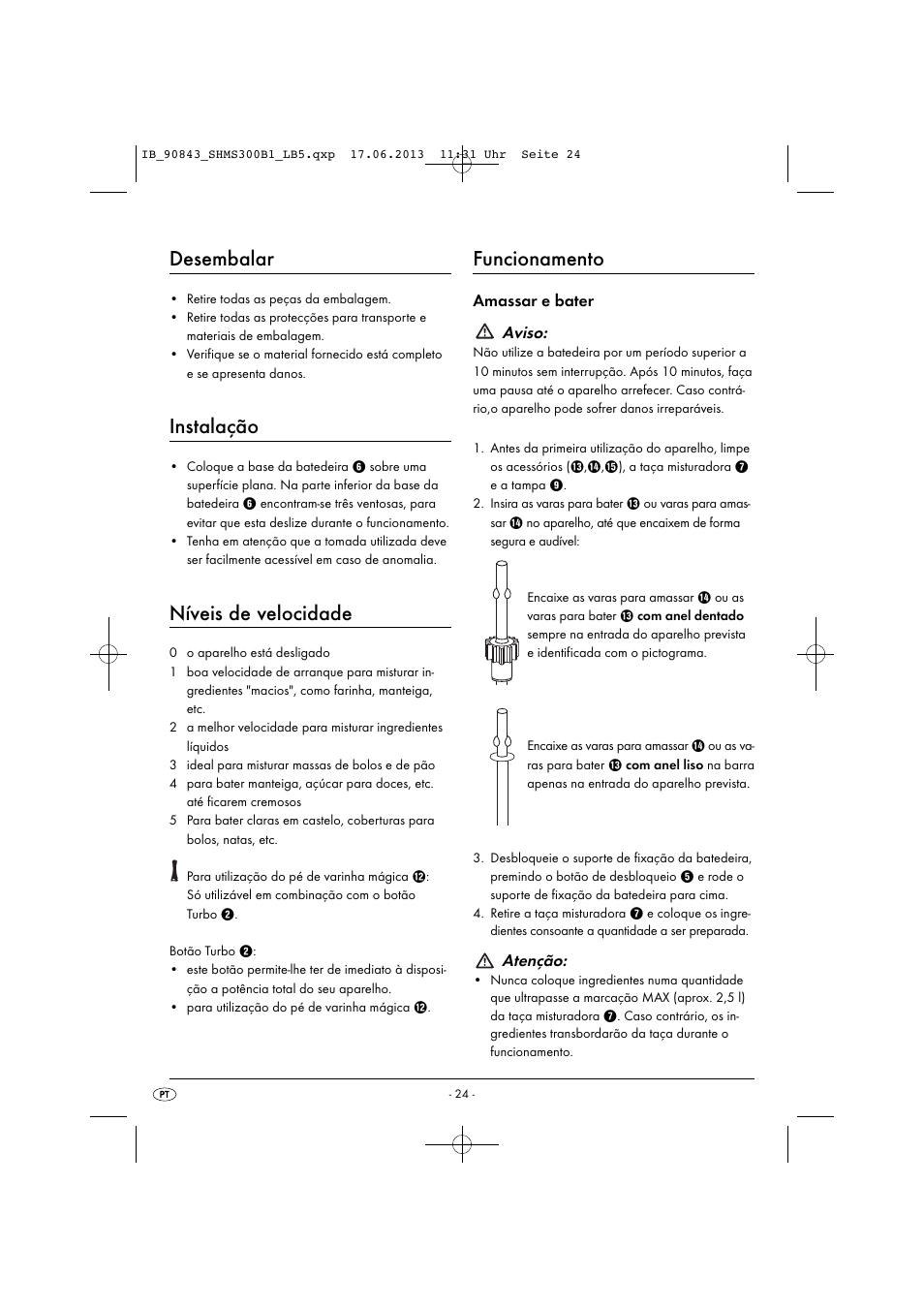 Desembalar, Instalação, Níveis de velocidade | Funcionamento, Amassar e bater aviso, Atenção | Silvercrest SHMS 300 B1 User Manual | Page 27 / 53