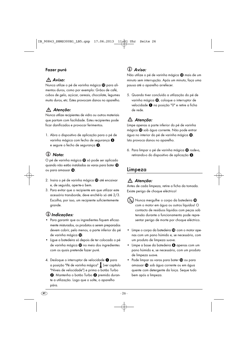 Limpeza, Fazer puré aviso, Atenção | Nota, Indicações, Aviso | Silvercrest SHMS 300 B1 User Manual | Page 29 / 53