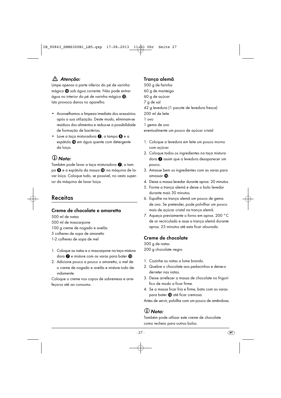 Receitas, Atenção, Nota | Creme de chocolate e amaretto, Trança alemã, Creme de chocolate | Silvercrest SHMS 300 B1 User Manual | Page 30 / 53