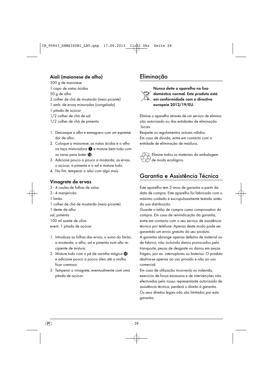 Eliminação, Garantia e assistência técnica, Aioli (maionese de alho) | Vinagrete de ervas | Silvercrest SHMS 300 B1 User Manual | Page 31 / 53