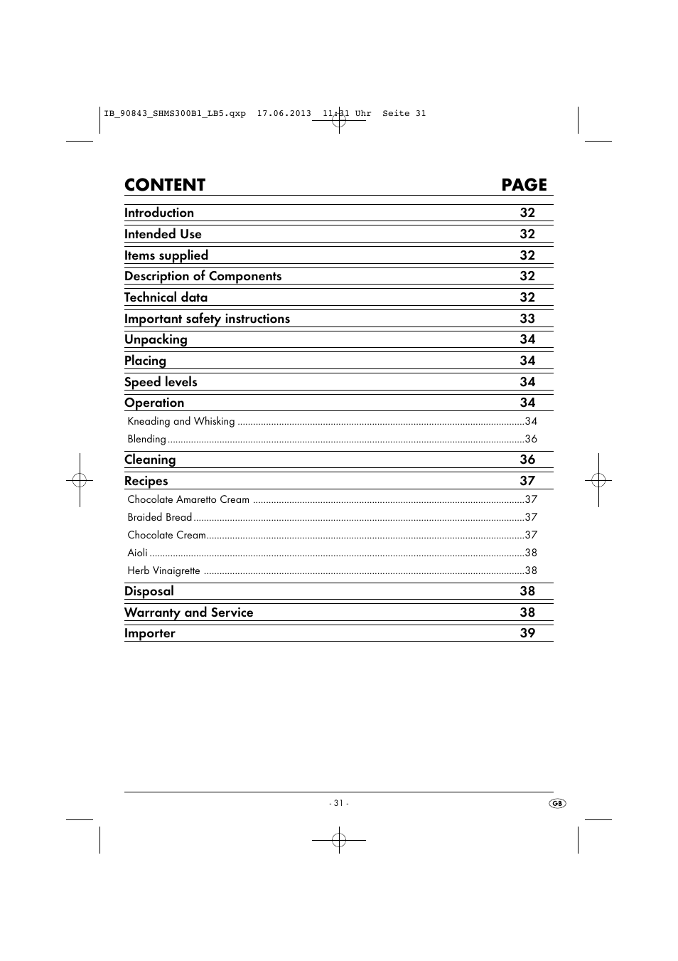 Content page | Silvercrest SHMS 300 B1 User Manual | Page 34 / 53