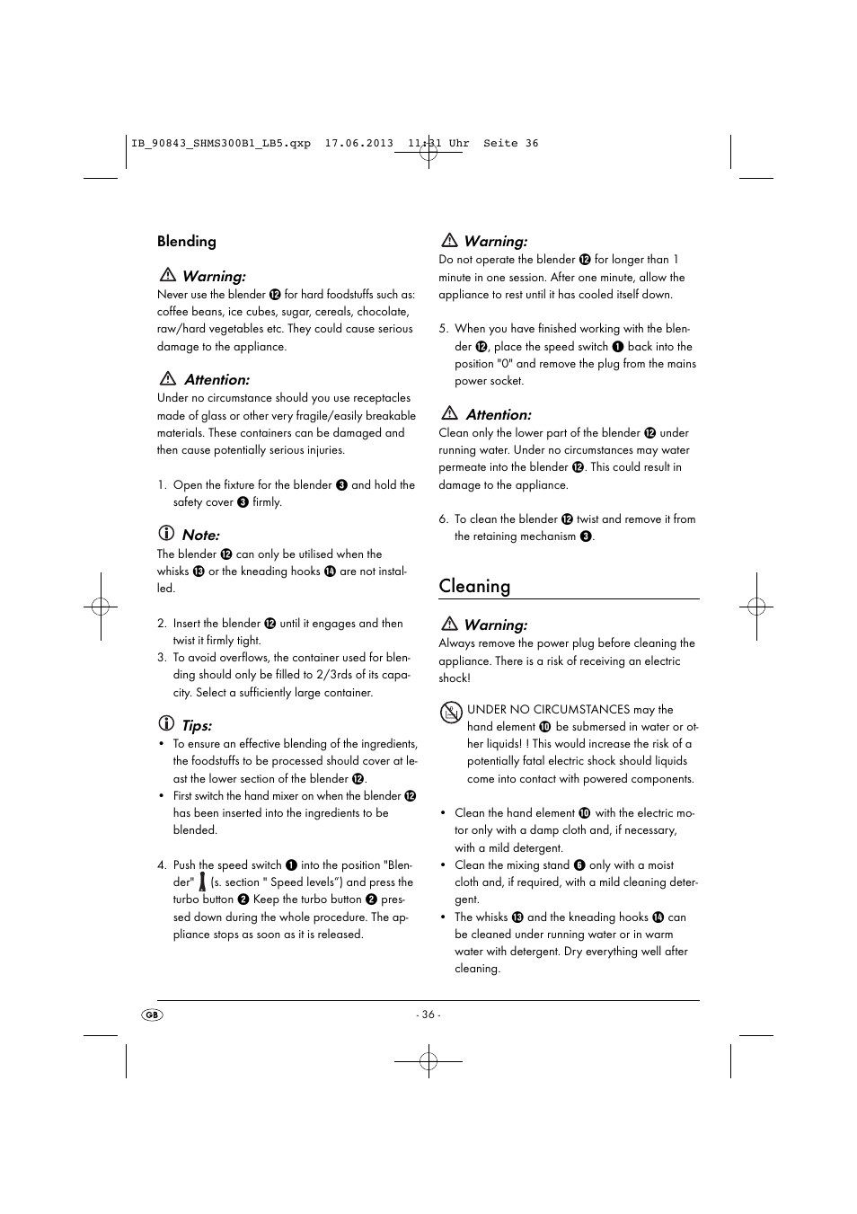 Cleaning, Blending warning, Attention | Tips, Warning | Silvercrest SHMS 300 B1 User Manual | Page 39 / 53
