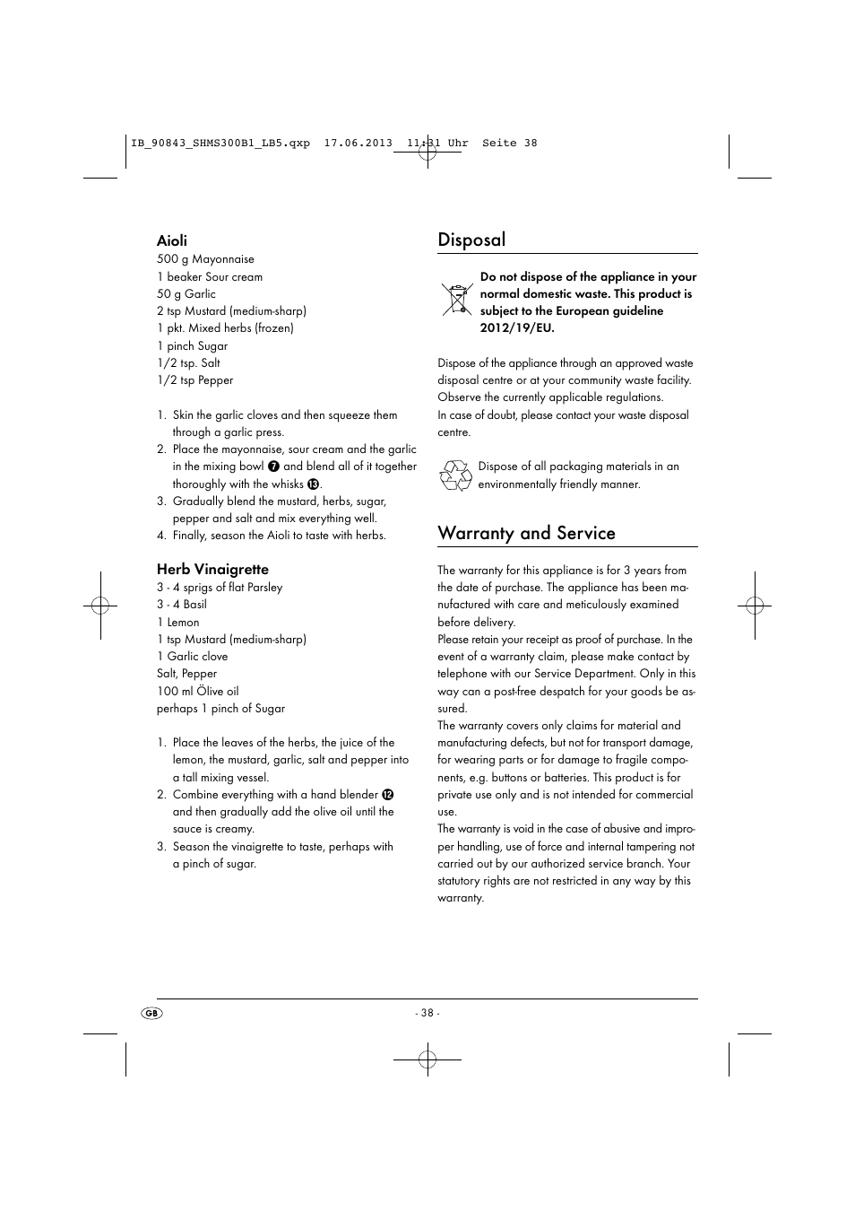 Disposal, Warranty and service, Aioli | Herb vinaigrette | Silvercrest SHMS 300 B1 User Manual | Page 41 / 53