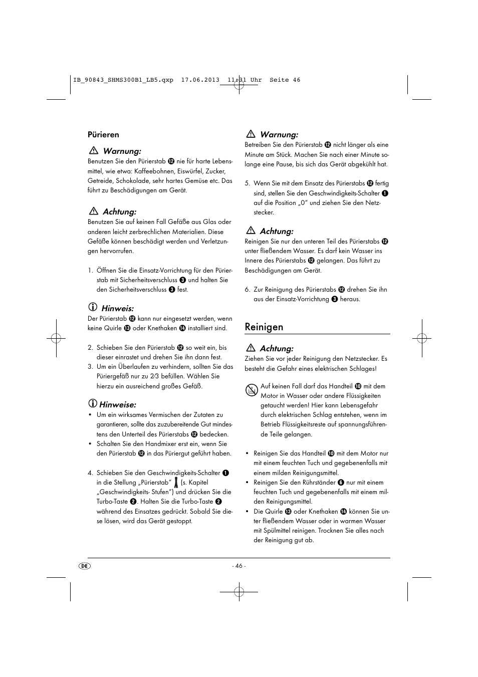 Reinigen, Pürieren warnung, Achtung | Hinweis, Hinweise, Warnung | Silvercrest SHMS 300 B1 User Manual | Page 49 / 53