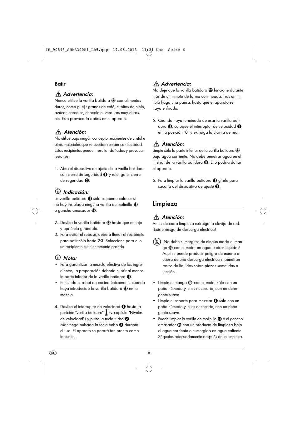 Limpieza, Batir advertencia, Atención | Indicación, Nota, Advertencia | Silvercrest SHMS 300 B1 User Manual | Page 9 / 53