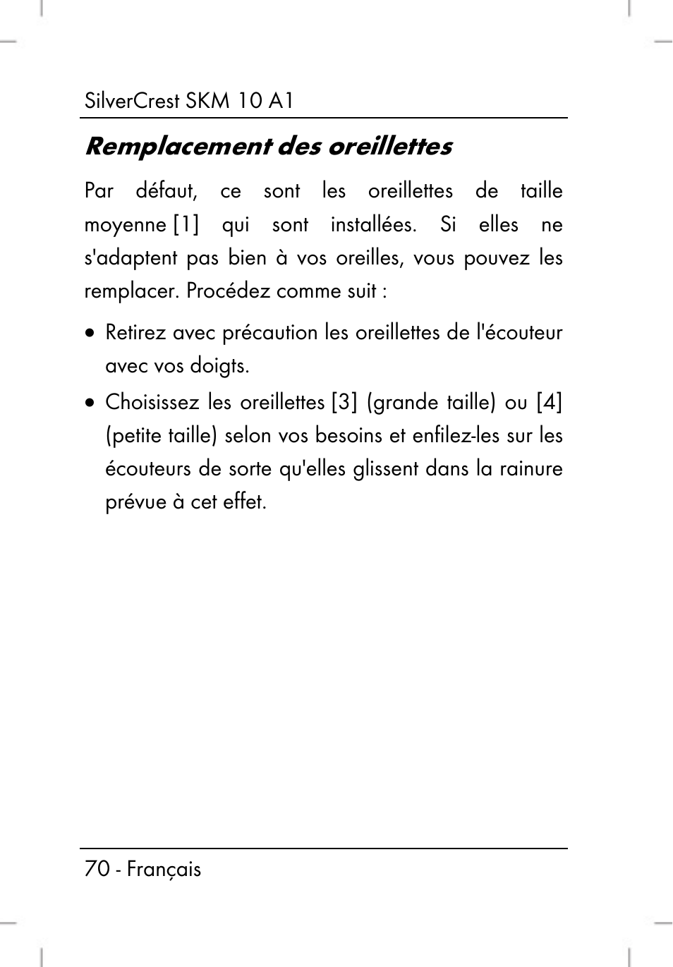 Remplacement des oreillettes | Silvercrest SKM 10 A1 User Manual | Page 72 / 110