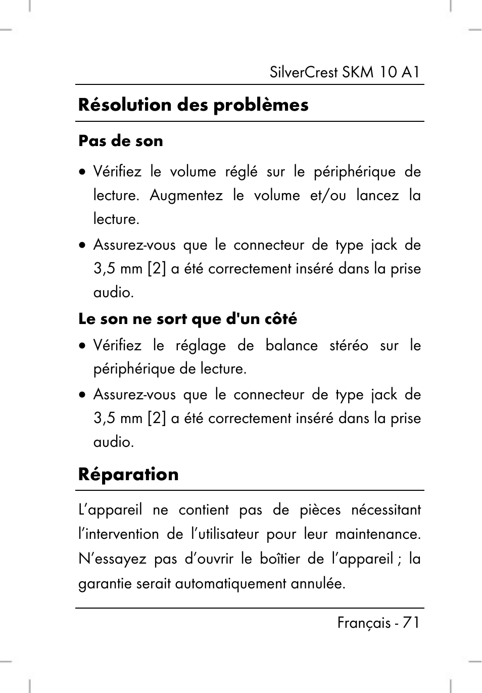 Résolution des problèmes, Réparation | Silvercrest SKM 10 A1 User Manual | Page 73 / 110