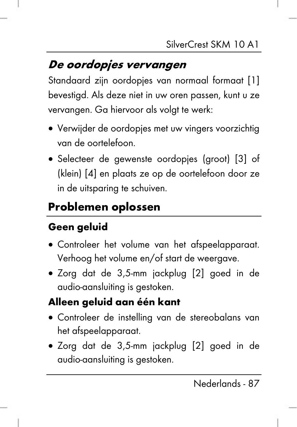 De oordopjes vervangen, Problemen oplossen | Silvercrest SKM 10 A1 User Manual | Page 89 / 110