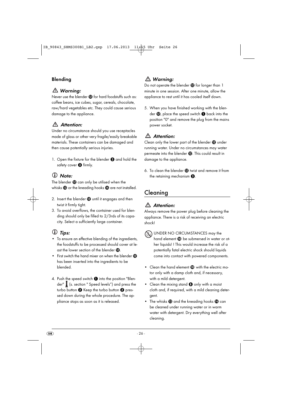 Cleaning, Blending warning, Attention | Tips, Warning | Silvercrest SHMS 300 B1 User Manual | Page 29 / 33