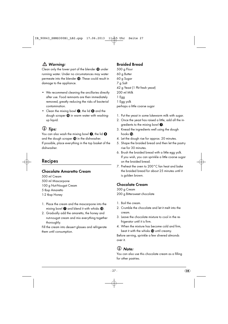 Recipes, Warning, Tips | Chocolate amaretto cream, Braided bread, Chocolate cream | Silvercrest SHMS 300 B1 User Manual | Page 30 / 33