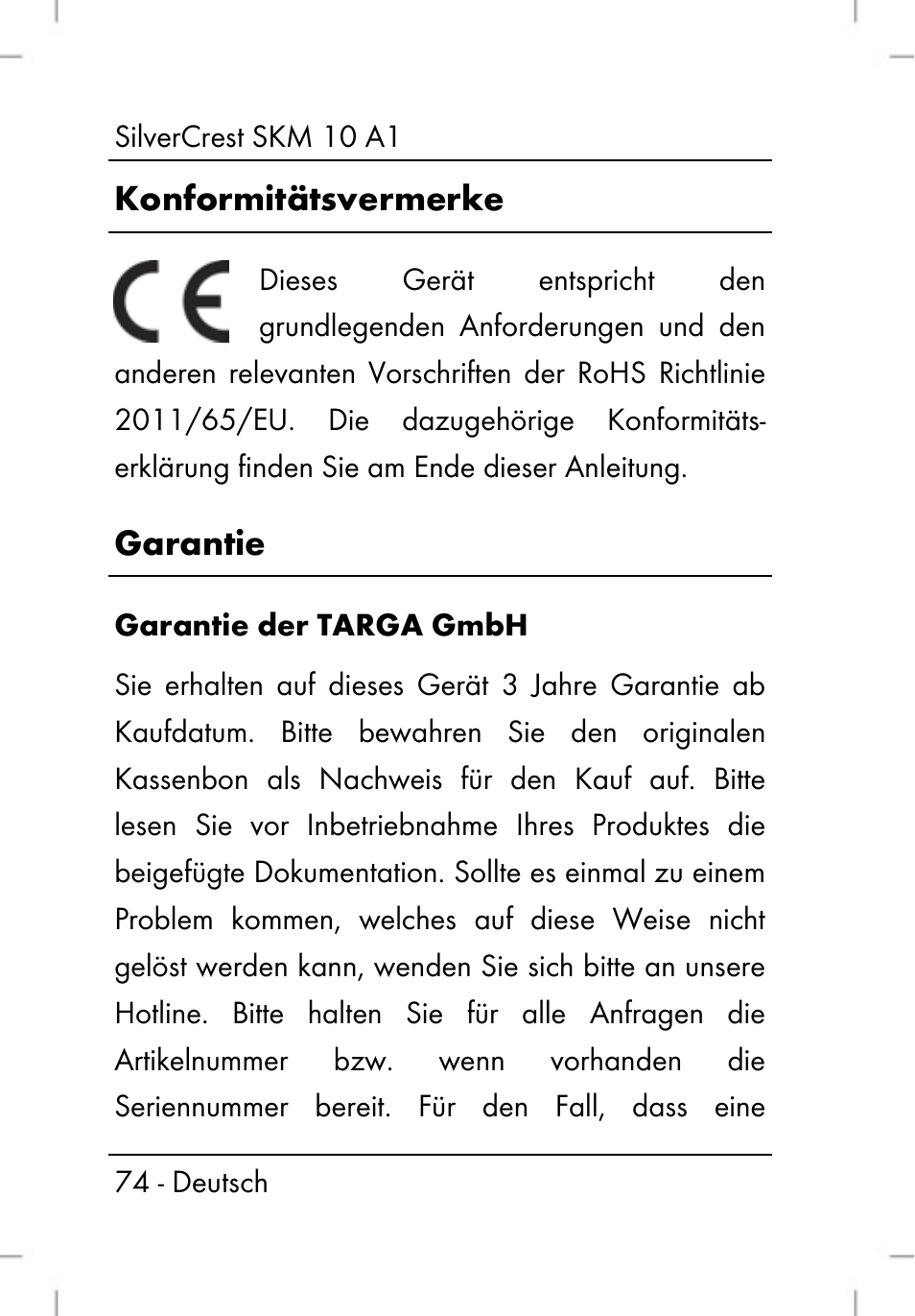 Konformitätsvermerke, Garantie | Silvercrest SKM 10 A1 User Manual | Page 76 / 80