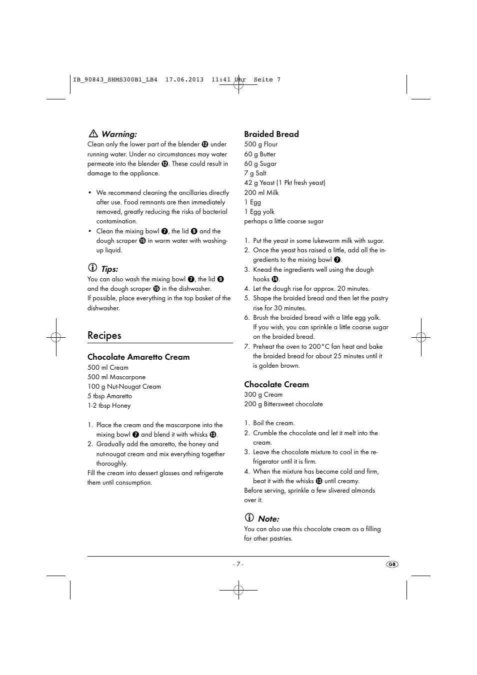 Recipes, Warning, Tips | Chocolate amaretto cream, Braided bread, Chocolate cream | Silvercrest SHMS 300 B1 User Manual | Page 10 / 73