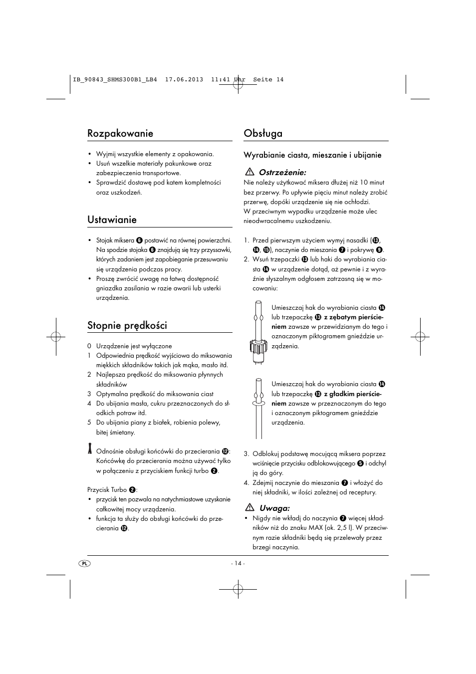 Rozpakowanie, Ustawianie, Stopnie prędkości | Obsługa, Uwaga | Silvercrest SHMS 300 B1 User Manual | Page 17 / 73