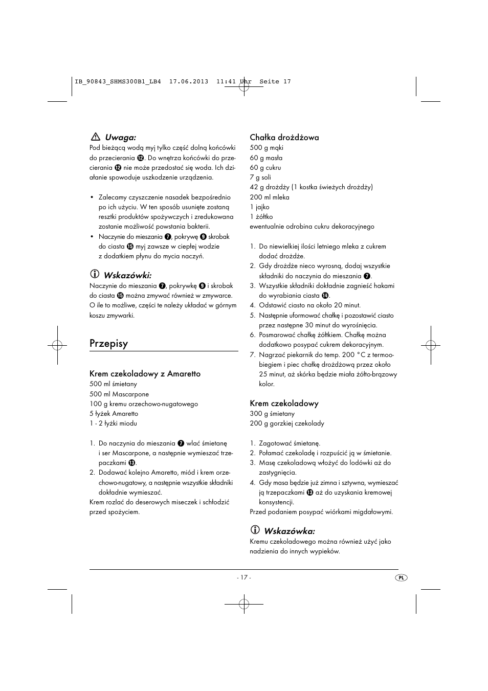 Przepisy, Uwaga, Wskazówki | Krem czekoladowy z amaretto, Chałka drożdżowa, Krem czekoladowy, Wskazówka | Silvercrest SHMS 300 B1 User Manual | Page 20 / 73