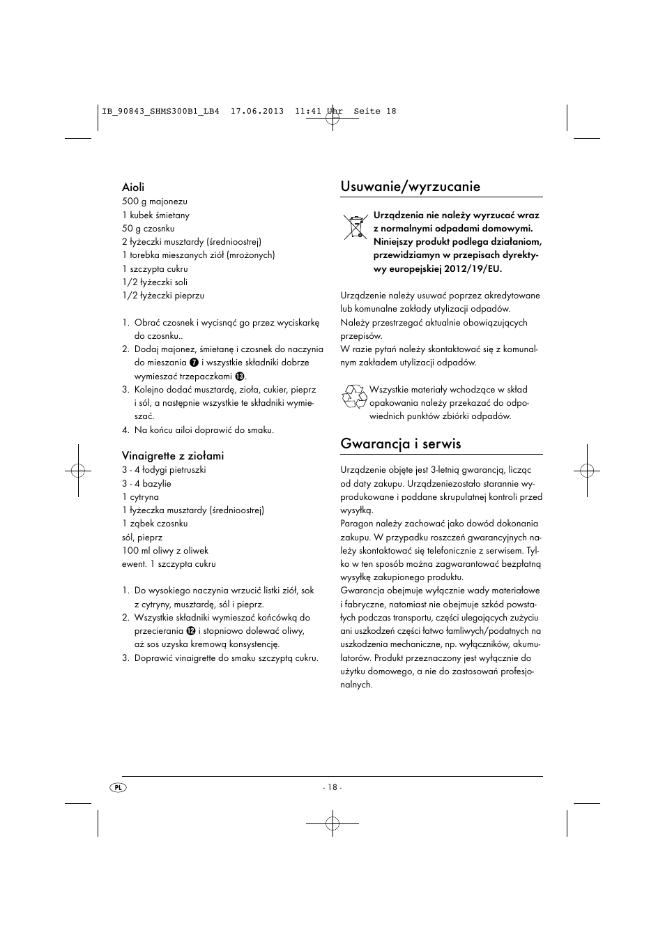 Usuwanie/wyrzucanie, Gwarancja i serwis, Aioli | Vinaigrette z ziołami | Silvercrest SHMS 300 B1 User Manual | Page 21 / 73