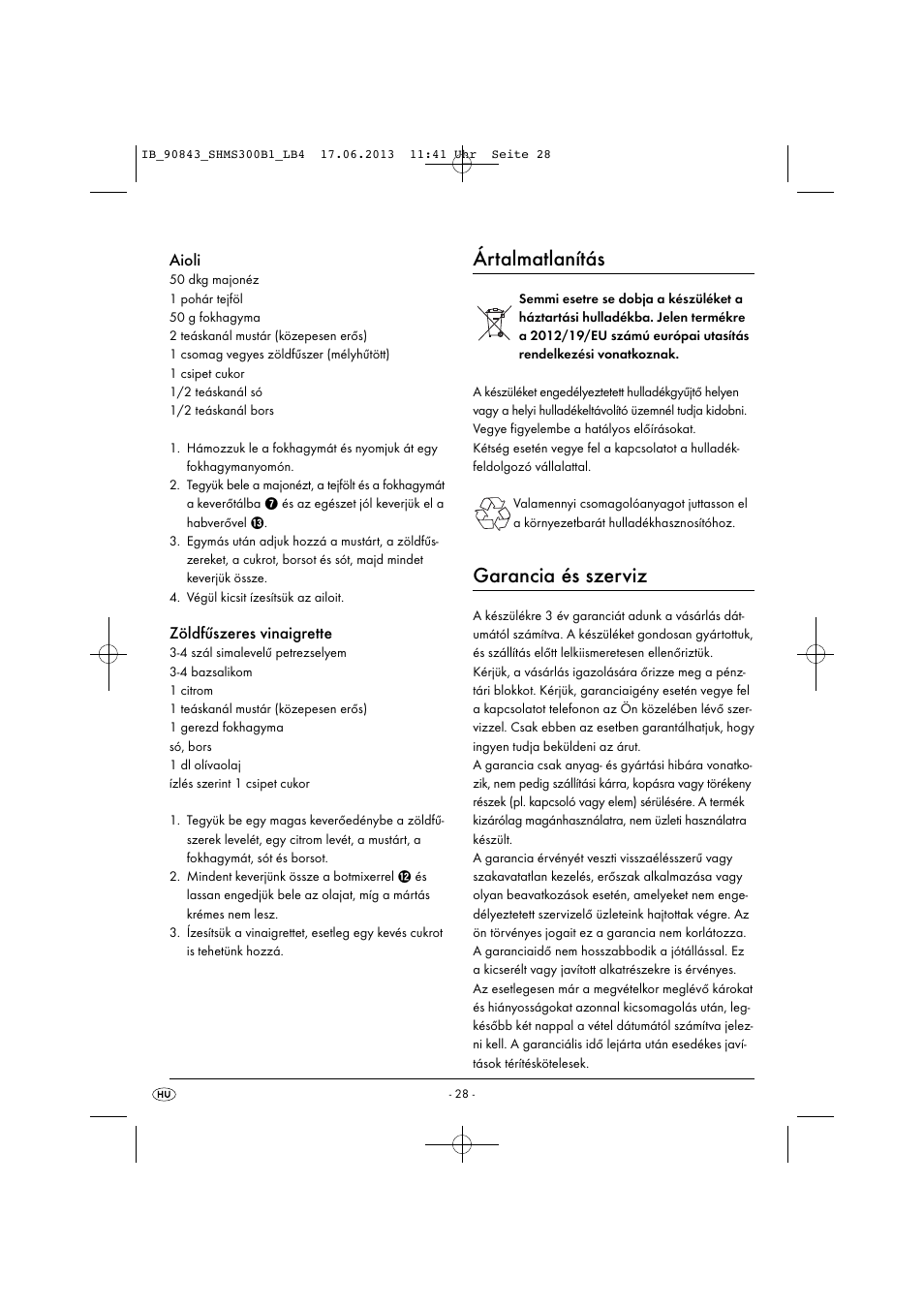 Ártalmatlanítás, Garancia és szerviz, Aioli | Zöldfűszeres vinaigrette | Silvercrest SHMS 300 B1 User Manual | Page 31 / 73