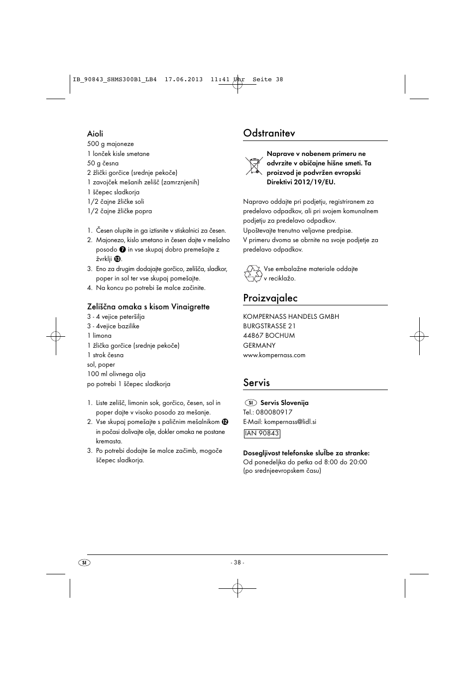 Odstranitev, Proizvajalec, Servis | Aioli, Zeliščna omaka s kisom vinaigrette | Silvercrest SHMS 300 B1 User Manual | Page 41 / 73