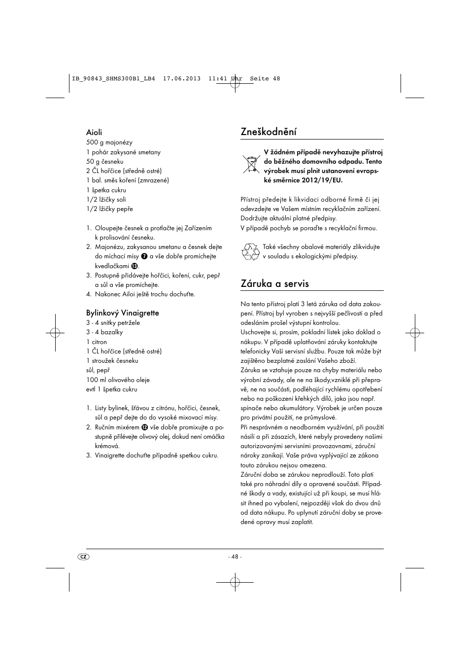 Zneškodnění, Záruka a servis, Aioli | Bylinkový vinaigrette | Silvercrest SHMS 300 B1 User Manual | Page 51 / 73