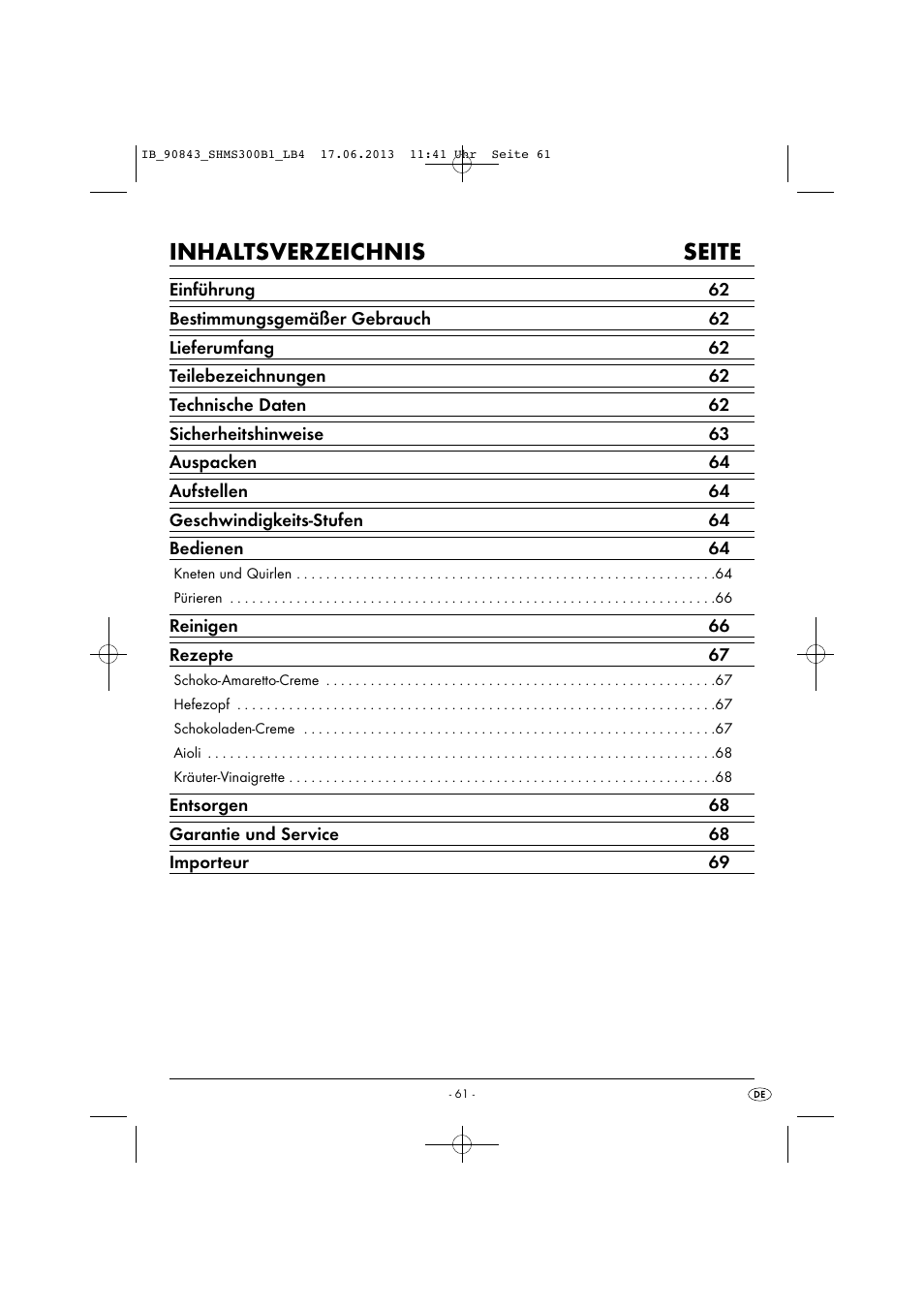 Inhaltsverzeichnis seite | Silvercrest SHMS 300 B1 User Manual | Page 64 / 73