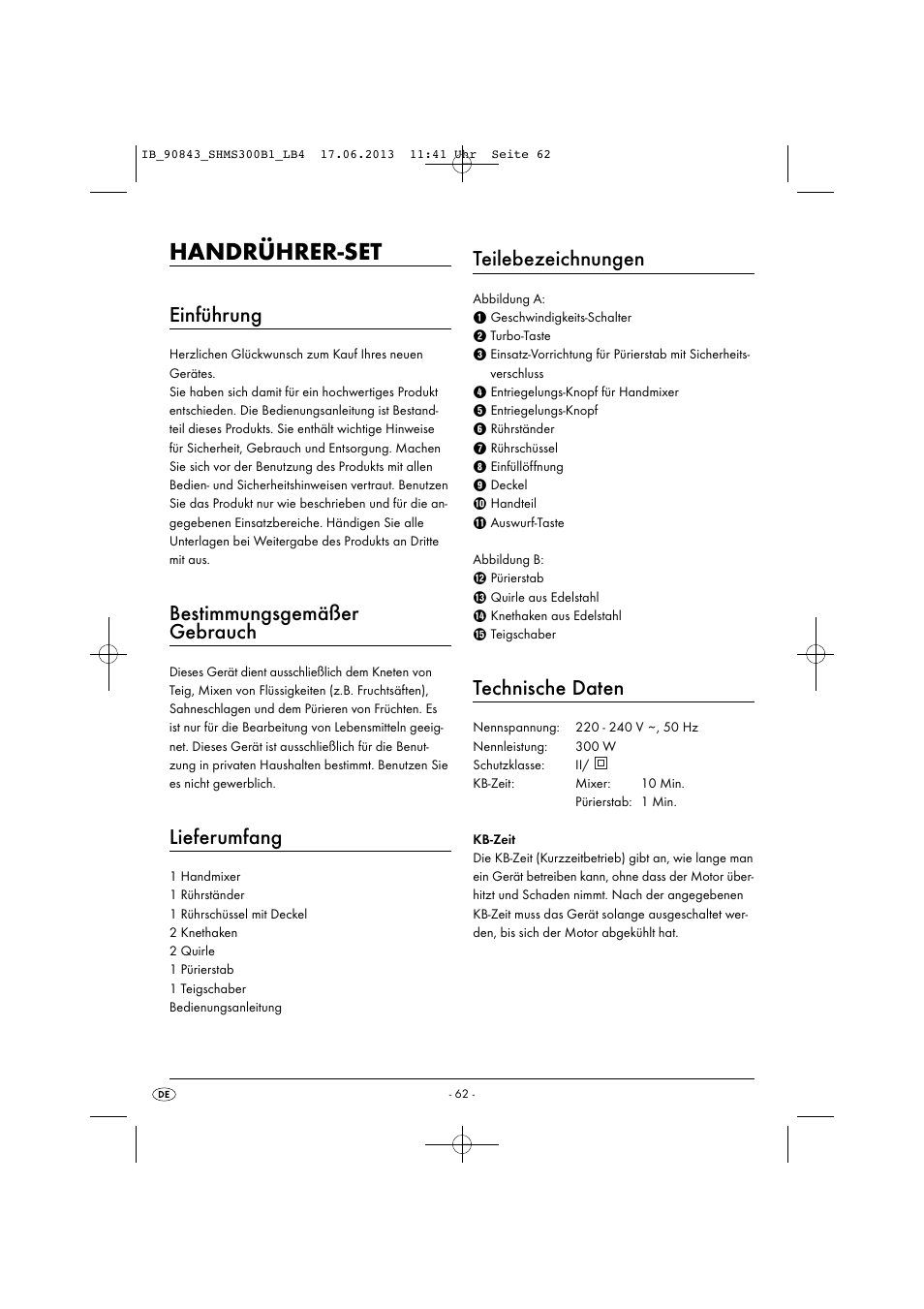 Handrührer-set, Einführung, Bestimmungsgemäßer gebrauch | Lieferumfang, Teilebezeichnungen, Technische daten | Silvercrest SHMS 300 B1 User Manual | Page 65 / 73
