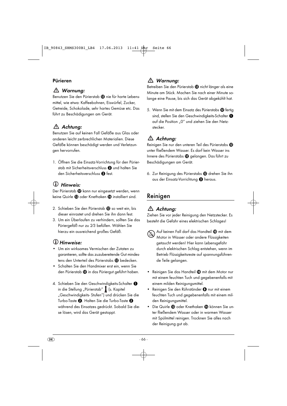 Reinigen, Pürieren warnung, Achtung | Hinweis, Hinweise, Warnung | Silvercrest SHMS 300 B1 User Manual | Page 69 / 73