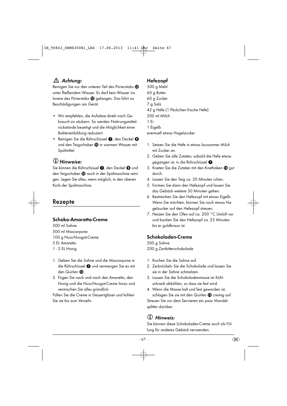 Rezepte, Achtung, Hinweise | Schoko-amaretto-creme, Hefezopf, Schokoladen-creme, Hinweis | Silvercrest SHMS 300 B1 User Manual | Page 70 / 73