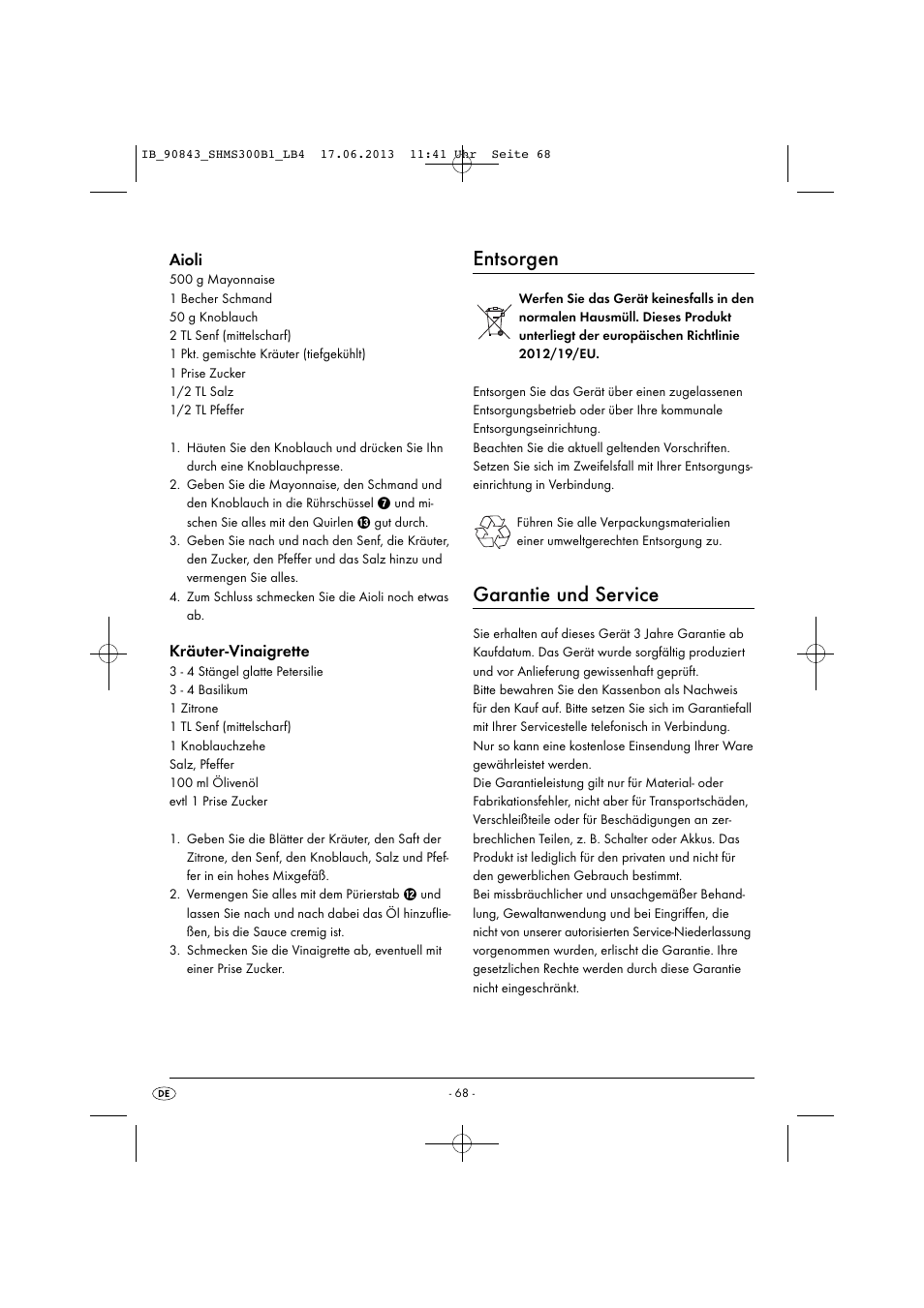 Entsorgen, Garantie und service, Aioli | Kräuter-vinaigrette | Silvercrest SHMS 300 B1 User Manual | Page 71 / 73