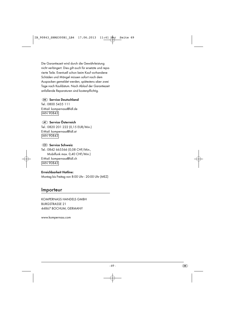 Importeur | Silvercrest SHMS 300 B1 User Manual | Page 72 / 73