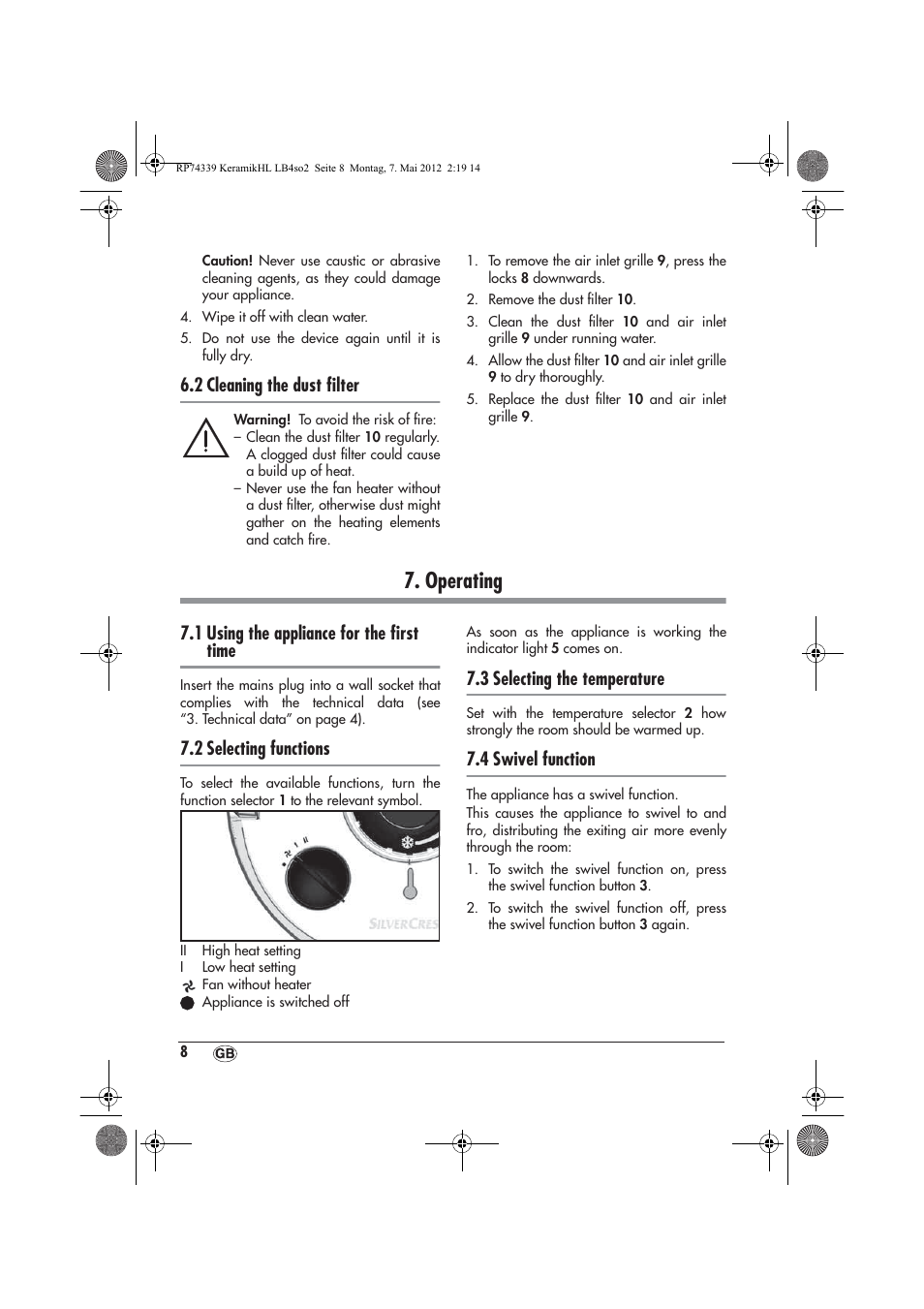 Operating, 2 cleaning the dust ﬁlter, 1 using the appliance for the ﬁrst time | 2 selecting functions, 3 selecting the temperature, 4 swivel function | Silvercrest SKHD 1800 A1 User Manual | Page 10 / 46