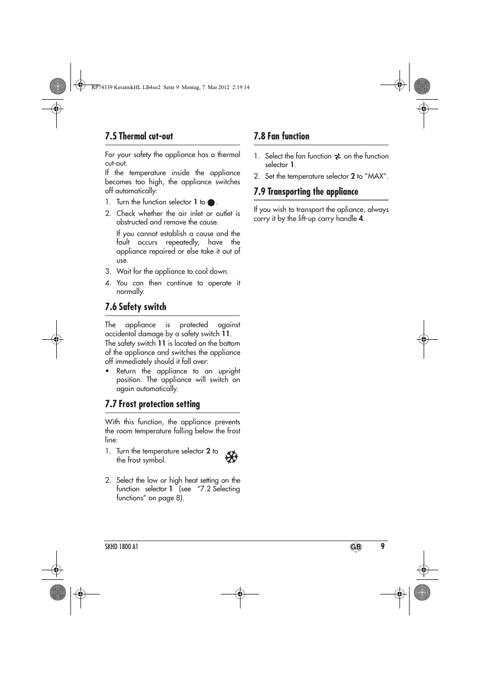 5 thermal cut-out, 6 safety switch, 7 frost protection setting | 8 fan function, 9 transporting the appliance | Silvercrest SKHD 1800 A1 User Manual | Page 11 / 46