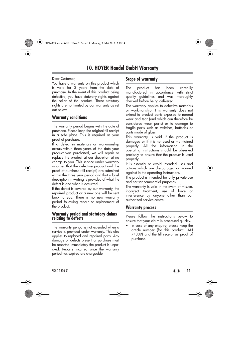 Hoyer handel gmbh warranty | Silvercrest SKHD 1800 A1 User Manual | Page 13 / 46