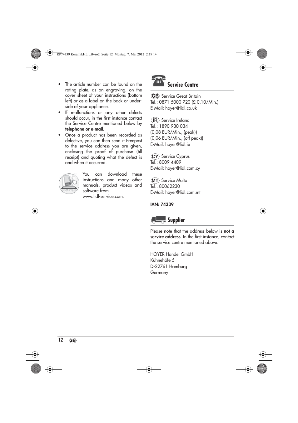 Service centre, Supplier | Silvercrest SKHD 1800 A1 User Manual | Page 14 / 46