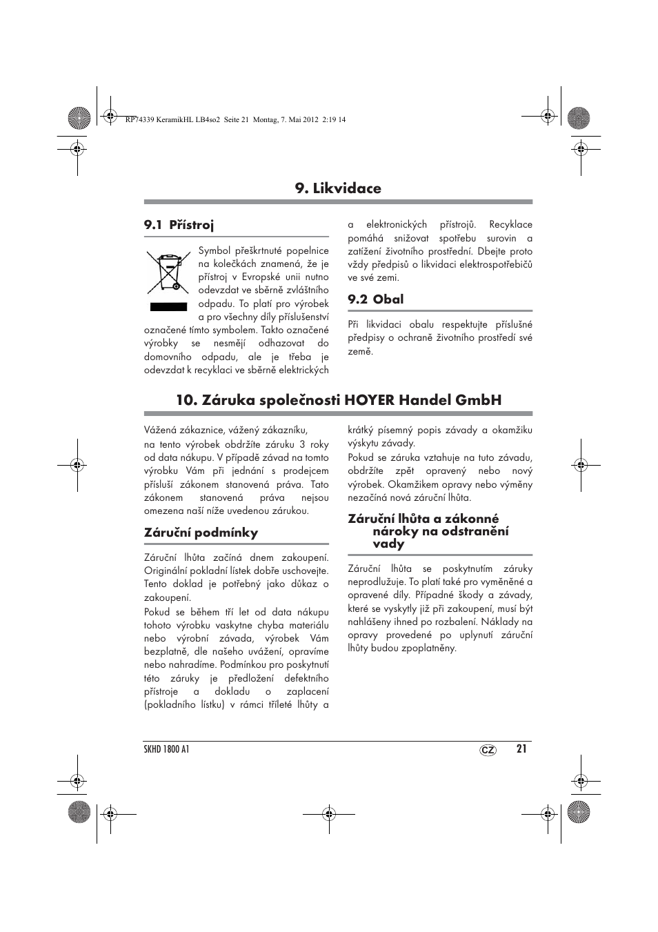 Likvidace, Záruka společnosti hoyer handel gmbh | Silvercrest SKHD 1800 A1 User Manual | Page 23 / 46