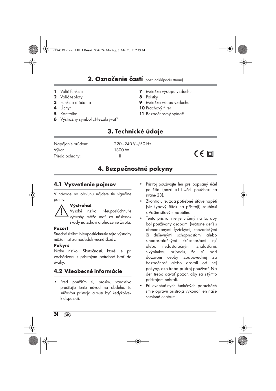 Označenie častí, Technické údaje, Bezpečnostné pokyny | Silvercrest SKHD 1800 A1 User Manual | Page 26 / 46