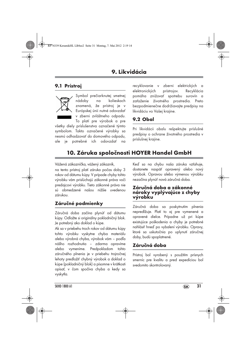 Likvidácia, Záruka spoločnosti hoyer handel gmbh | Silvercrest SKHD 1800 A1 User Manual | Page 33 / 46