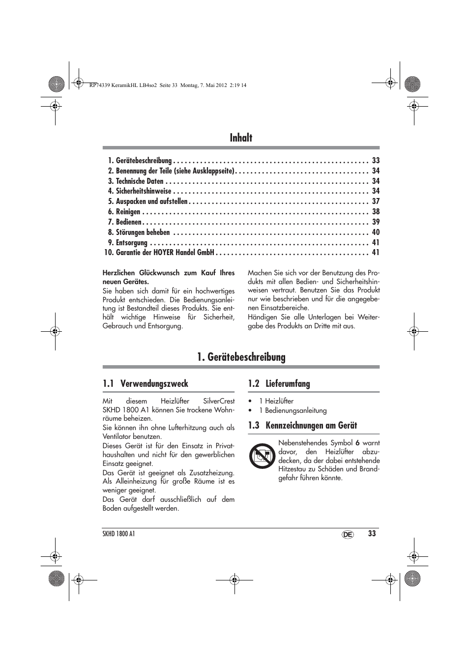 Inhalt, Gerätebeschreibung | Silvercrest SKHD 1800 A1 User Manual | Page 35 / 46