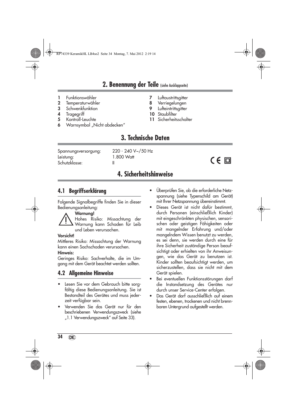 Benennung der teile, Technische daten, Sicherheitshinweise | 1 begriffserklärung, 2 allgemeine hinweise | Silvercrest SKHD 1800 A1 User Manual | Page 36 / 46