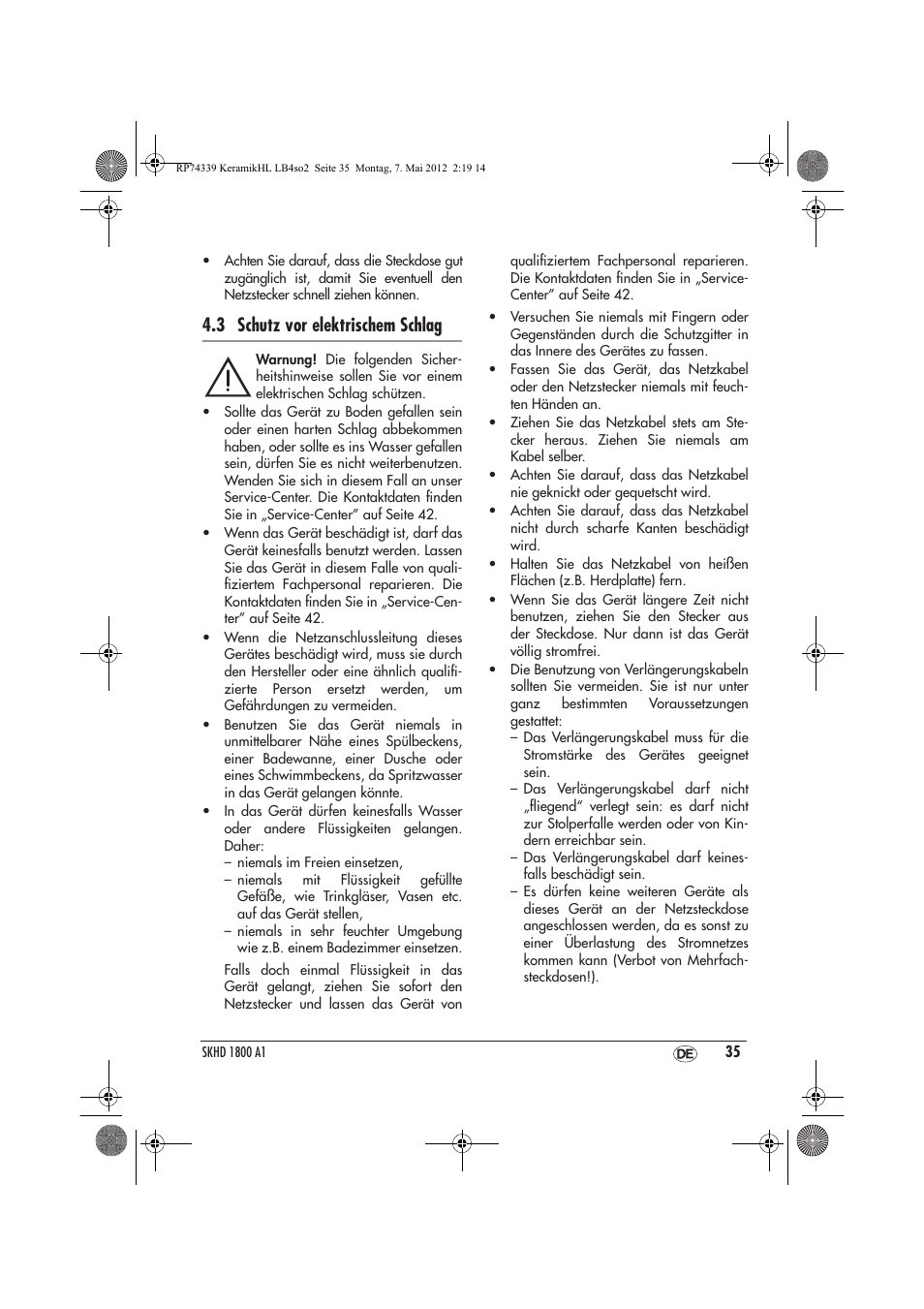 3 schutz vor elektrischem schlag | Silvercrest SKHD 1800 A1 User Manual | Page 37 / 46