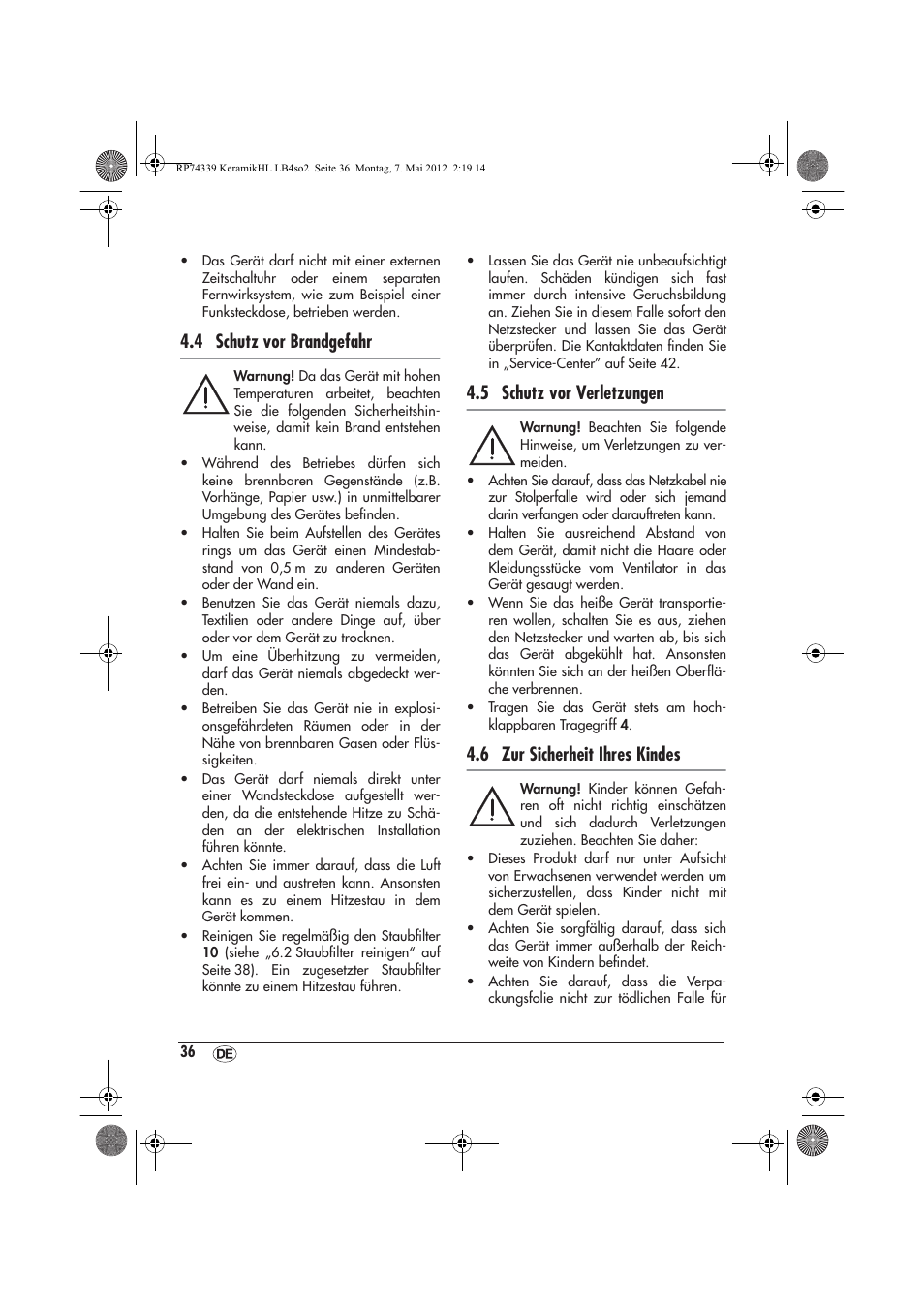4 schutz vor brandgefahr, 5 schutz vor verletzungen, 6 zur sicherheit ihres kindes | Silvercrest SKHD 1800 A1 User Manual | Page 38 / 46