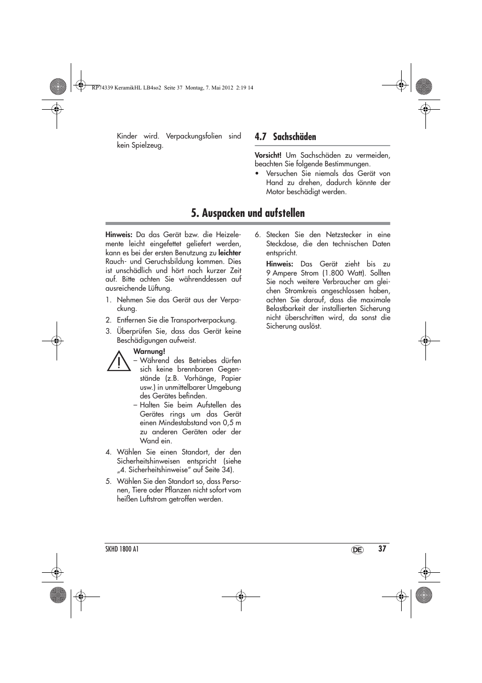Auspacken und aufstellen, 7 sachschäden | Silvercrest SKHD 1800 A1 User Manual | Page 39 / 46